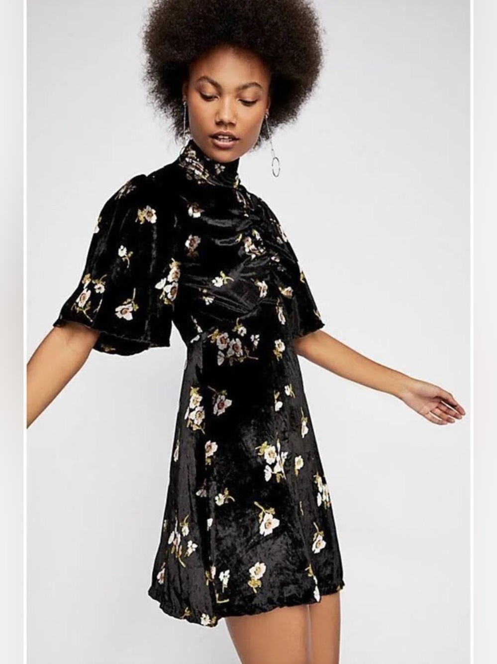 Free People Black Velvet Mini Dress with Floral Print